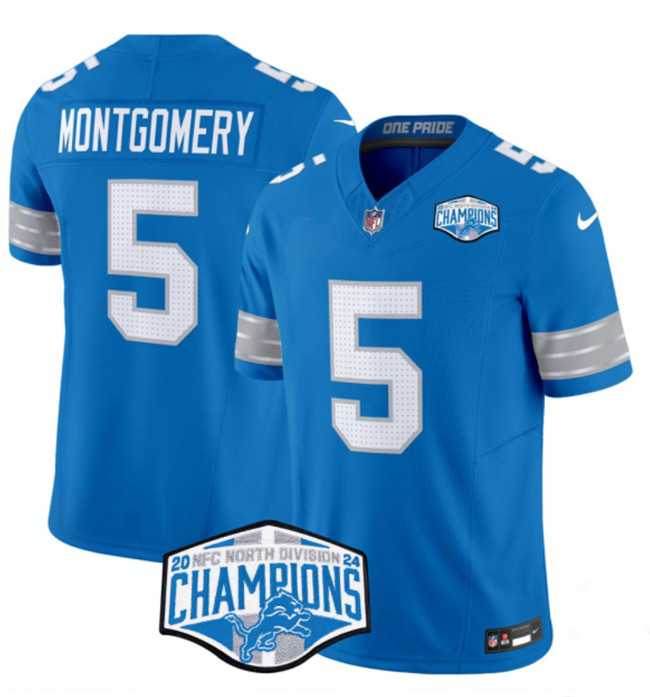 Mens Detroit Lions #5 David Montgomery Blue 2024 NFC North Champions F.U.S.E. Vapor Limited Stitched Jersey